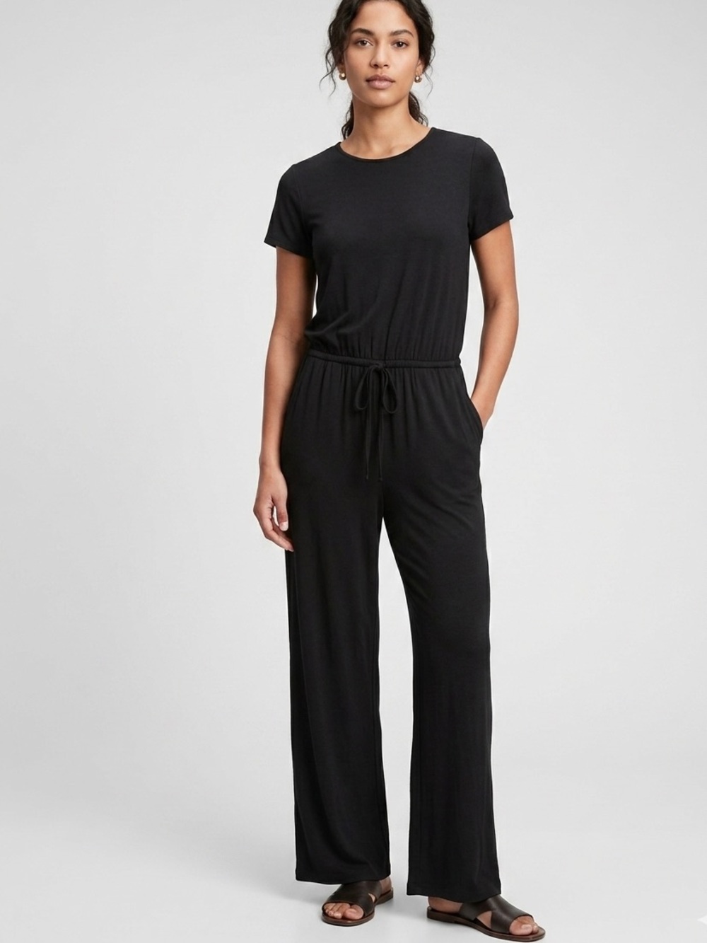 Tickled Teal Black Short Sleeve Wide Leg Jumpsuit Knit Pocket Romper Size Large